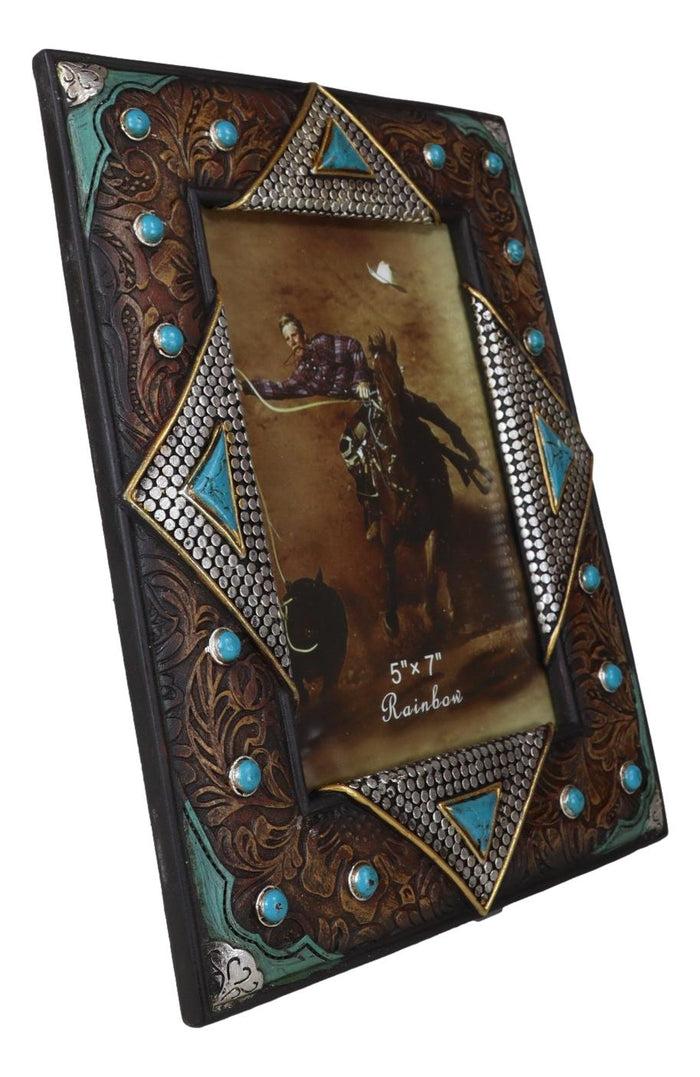Ebros Gift Rustic Western Turquoise Gems Silver Nails Faux Leather 5X7 Picture Photo Frame