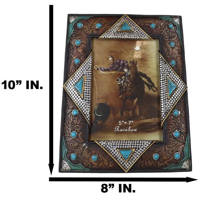 Ebros Gift Rustic Western Turquoise Gems Silver Nails Faux Leather 5X7 Picture Photo Frame