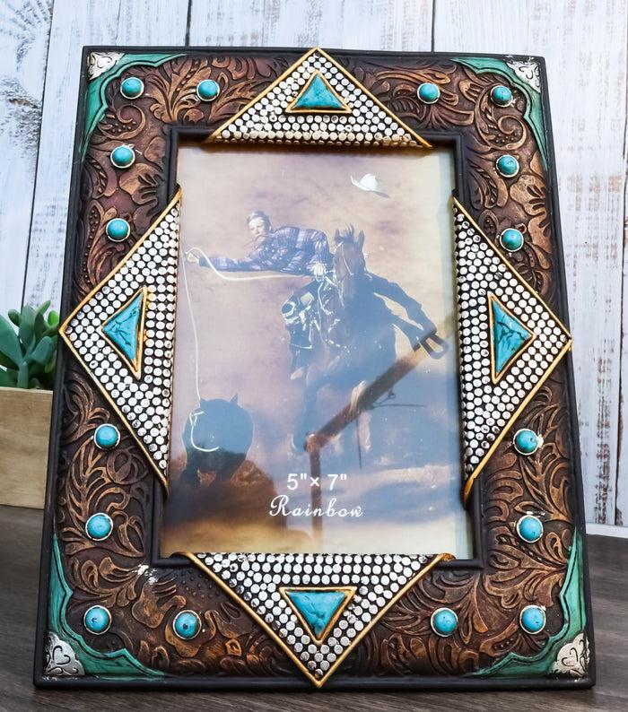 ebros gift Rustic Western Turquoise Gems Silver Nails Faux Leather 5X7 Picture Photo Frame