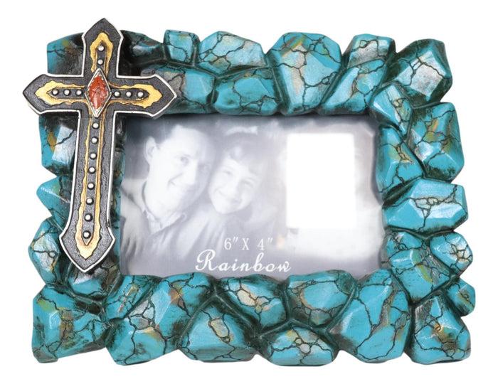 Ebros Gift Rustic Western Turquoise Rock Stones With Vintage Cross Photo Picture Frame