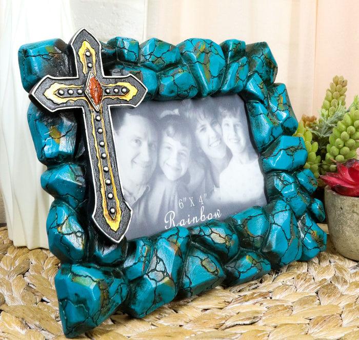 ebros gift Rustic Western Turquoise Rock Stones With Vintage Cross Photo Picture Frame