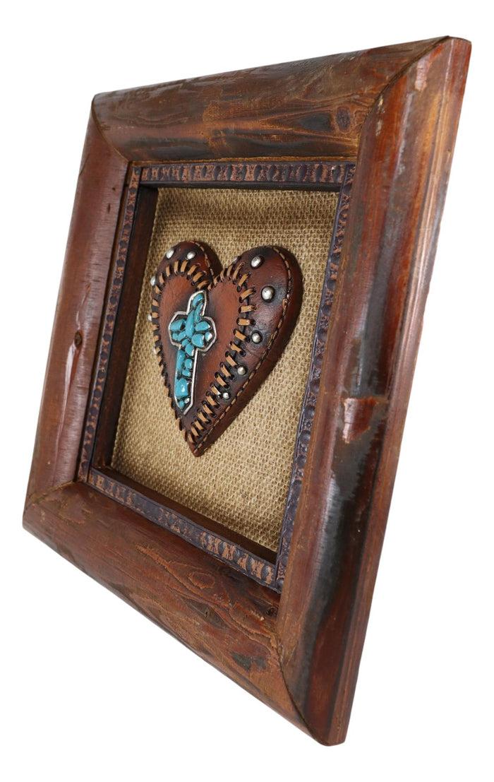 Ebros Gift Rustic Western Turquoise Rocks Cross Heart Wooden Wall Decor Picture Frame