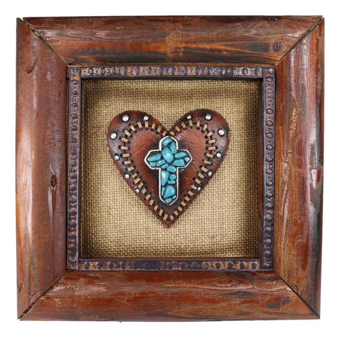 Ebros Gift Rustic Western Turquoise Rocks Cross Heart Wooden Wall Decor Picture Frame