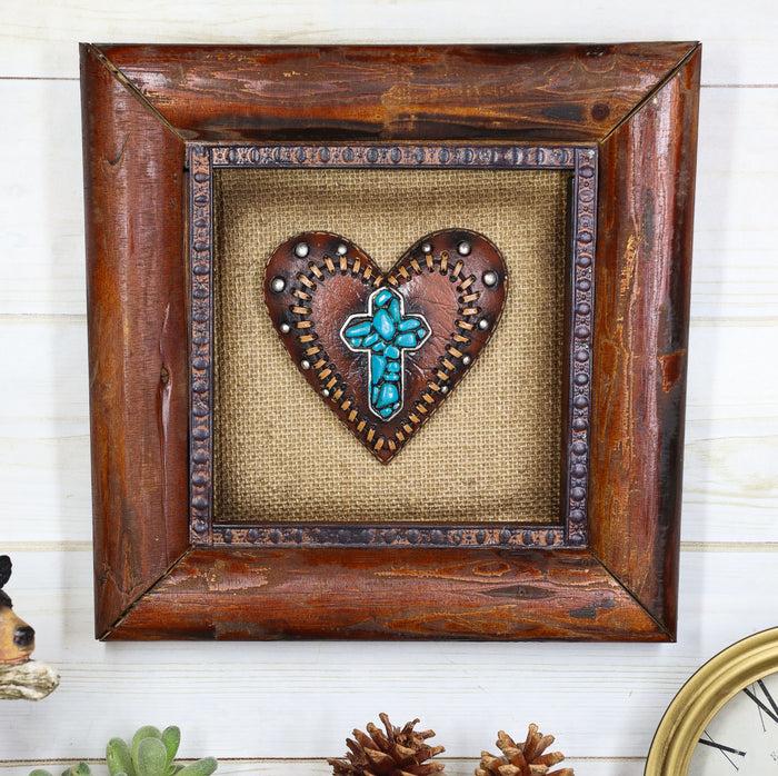 ebros gift Rustic Western Turquoise Rocks Cross Heart Wooden Wall Decor Picture Frame