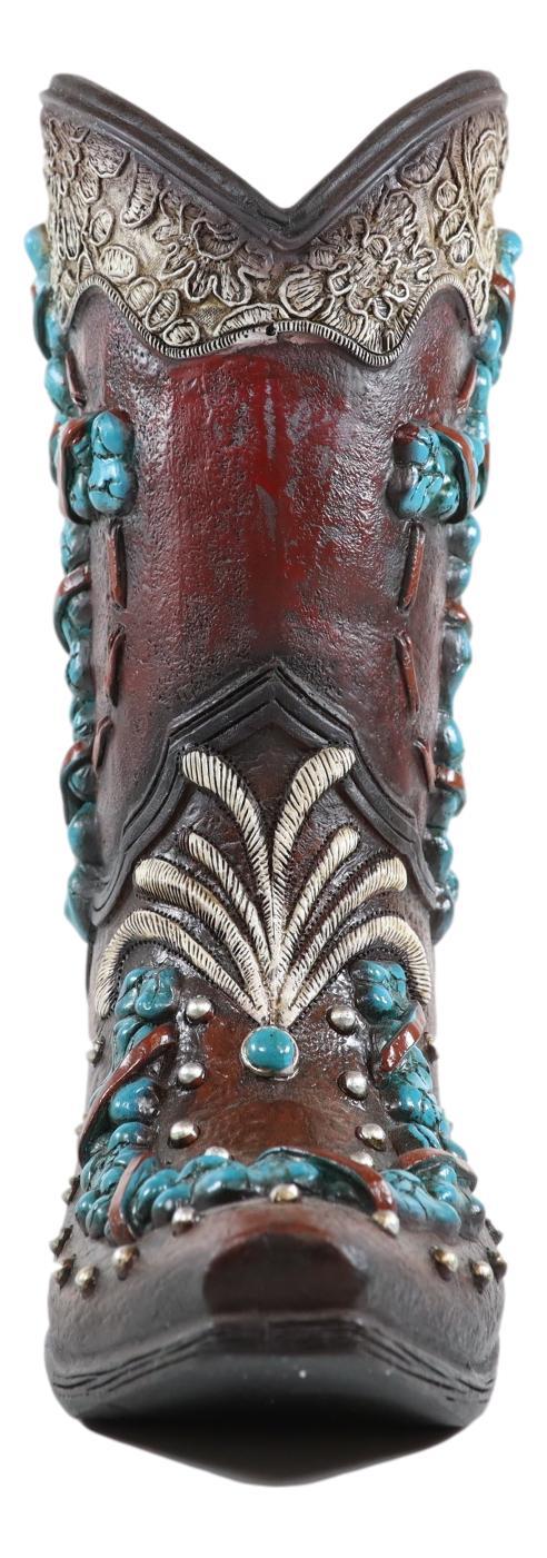 Ebros Gift Rustic Western Turquoise Rocks Cross Scroll Art Flower Vase Planter Cowboy Boot