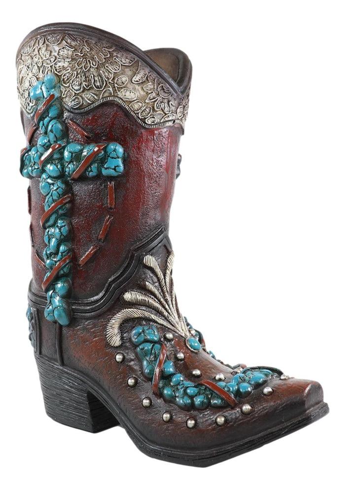 Ebros Gift Rustic Western Turquoise Rocks Cross Scroll Art Flower Vase Planter Cowboy Boot