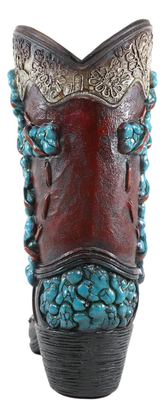 Ebros Gift Rustic Western Turquoise Rocks Cross Scroll Art Flower Vase Planter Cowboy Boot