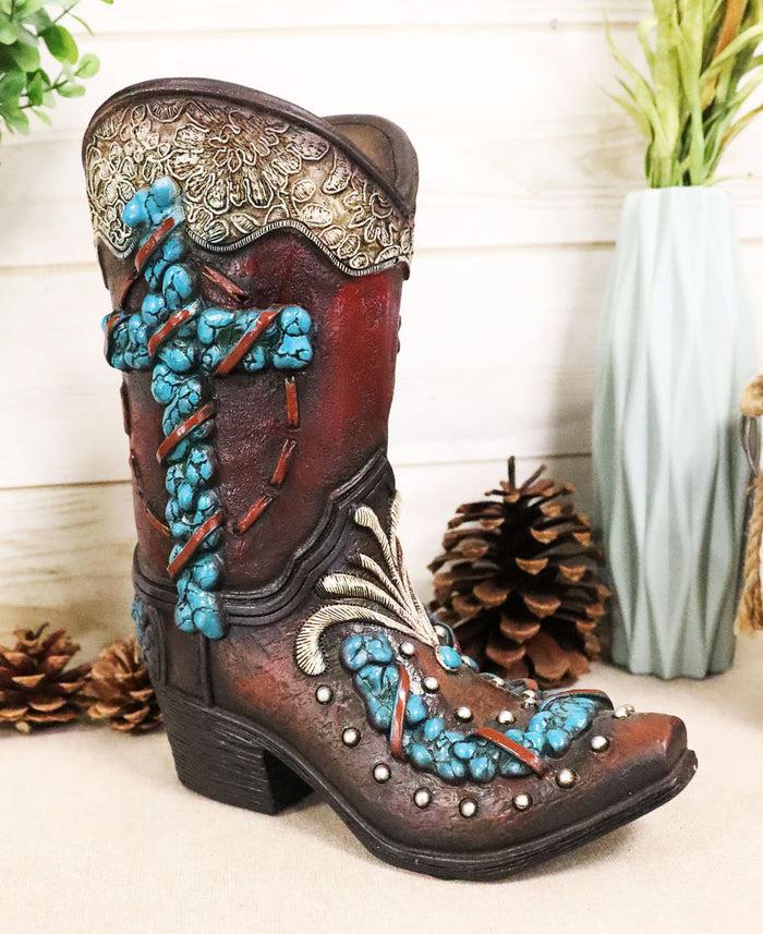 ebros gift Rustic Western Turquoise Rocks Cross Scroll Art Flower Vase Planter Cowboy Boot