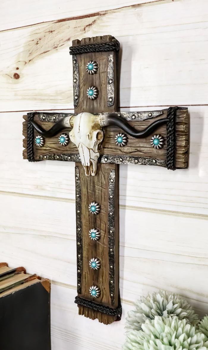 Ebros Gift Rustic Western Turquoise Suns Longhorn Bull Cow Skull Wall Cross Decor Plaque