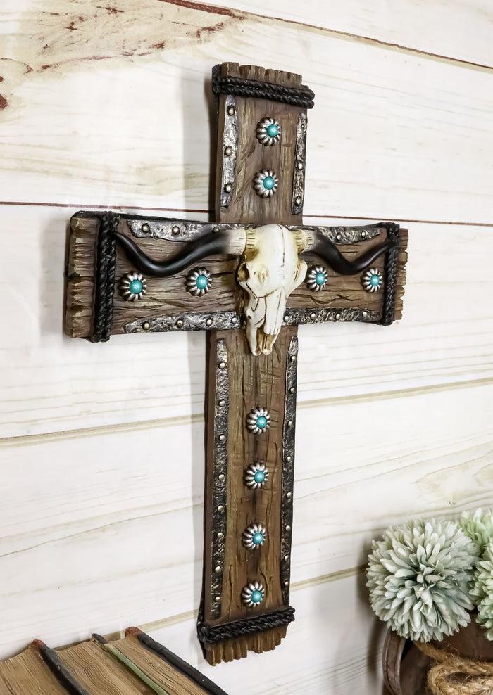 Ebros Gift Rustic Western Turquoise Suns Longhorn Bull Cow Skull Wall Cross Decor Plaque