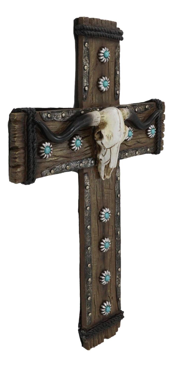 Ebros Gift Rustic Western Turquoise Suns Longhorn Bull Cow Skull Wall Cross Decor Plaque