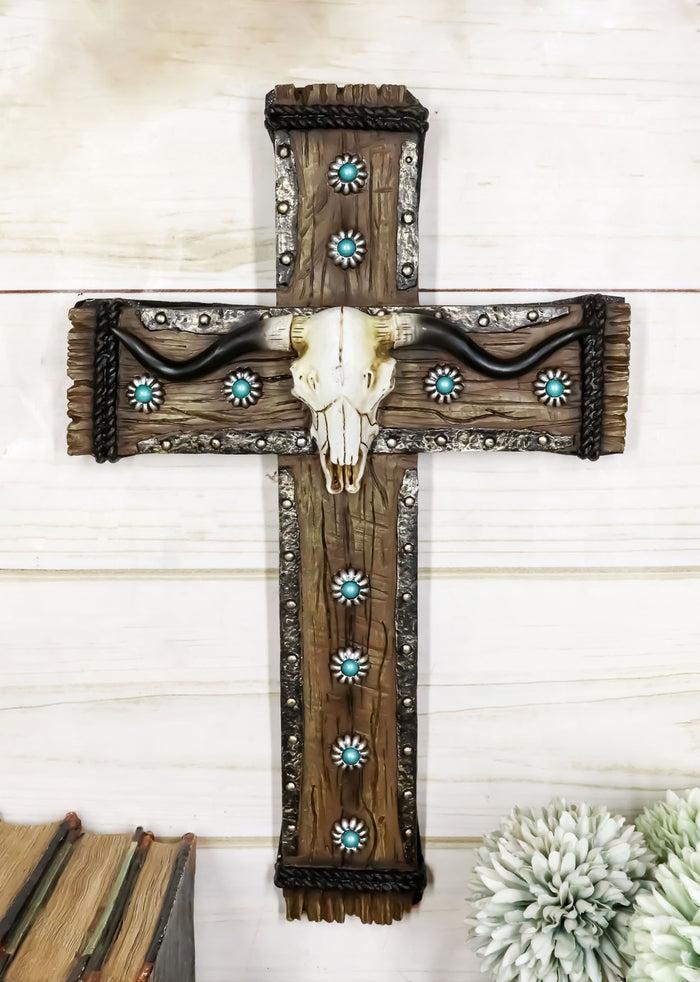 ebros gift Rustic Western Turquoise Suns Longhorn Bull Cow Skull Wall Cross Decor Plaque