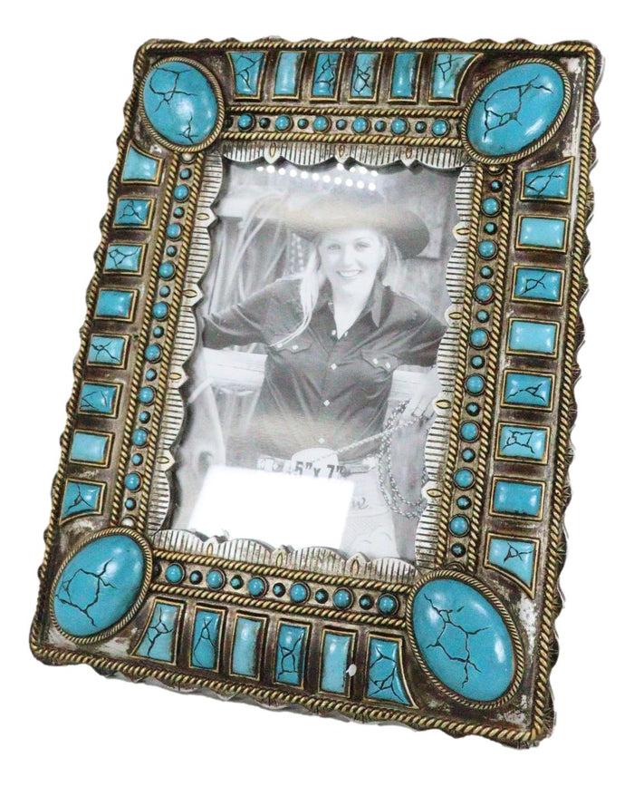 Ebros Gift Rustic Western Turquoise Teardrop Geometric Gems Ropes 5X7 Picture Photo Frame