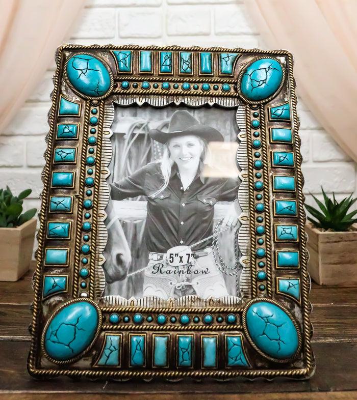 ebros gift Rustic Western Turquoise Teardrop Geometric Gems Ropes 5X7 Picture Photo Frame