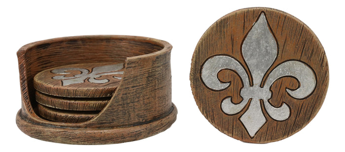 Ebros Gift Rustic Western Tuscany Fleur De Lis Crown Coaster Holder & 4 Round Coasters Set