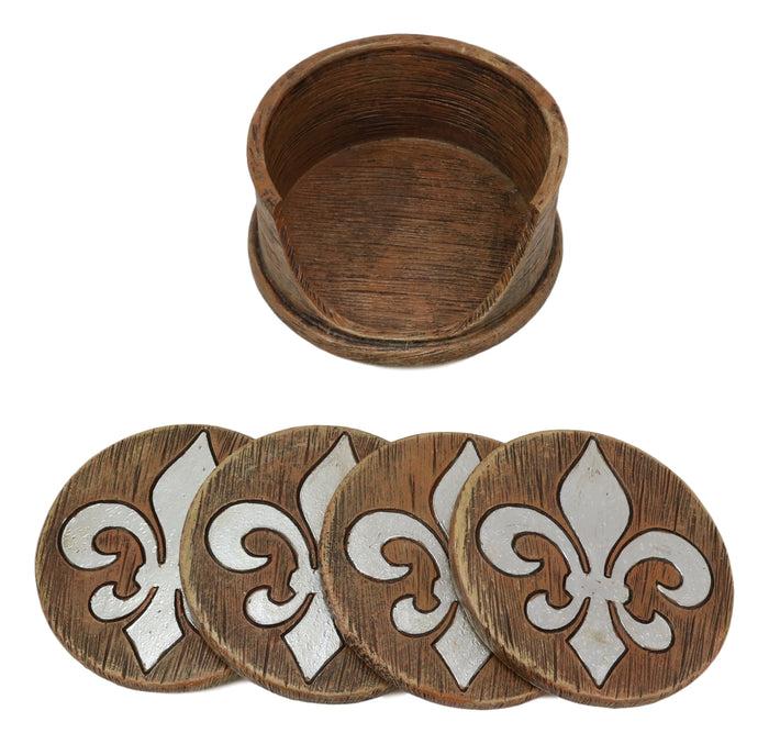 Ebros Gift Rustic Western Tuscany Fleur De Lis Crown Coaster Holder & 4 Round Coasters Set