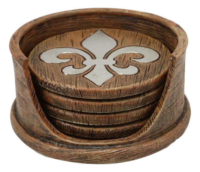 ebros gift Rustic Western Tuscany Fleur De Lis Crown Coaster Holder & 4 Round Coasters Set