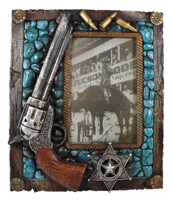 Ebros Gift Rustic Western US Marshall Badge Gun Bullets Turquoise Rocks Photo Picture Frame