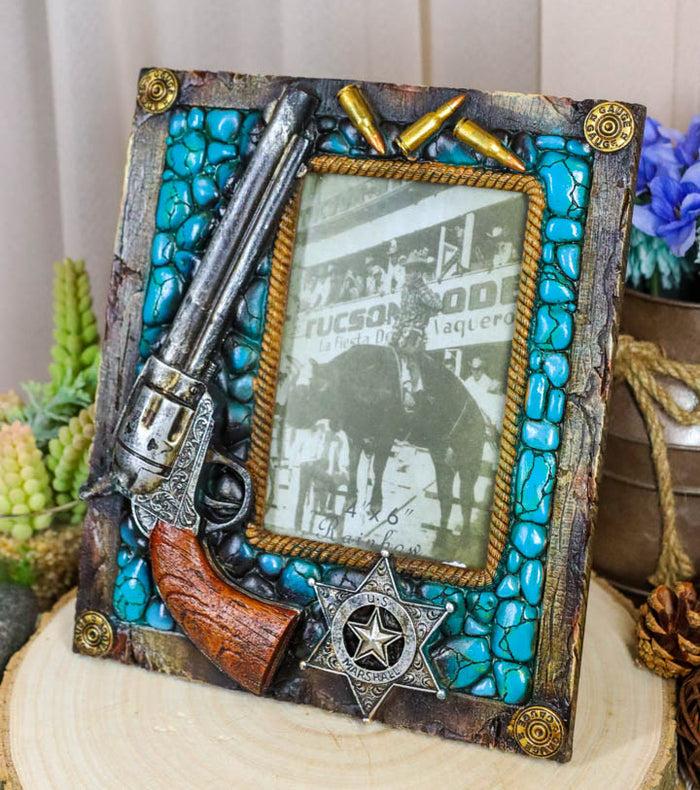 ebros gift Rustic Western US Marshall Badge Gun Bullets Turquoise Rocks Photo Picture Frame