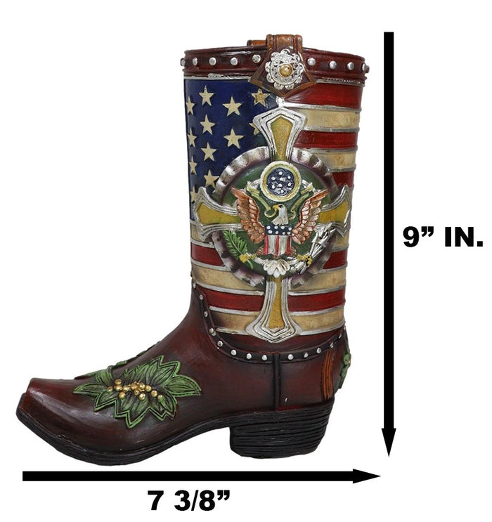 Ebros Gift Rustic Western USA Flag Military Cross Olive Branch Cowboy Boot Vase Planter