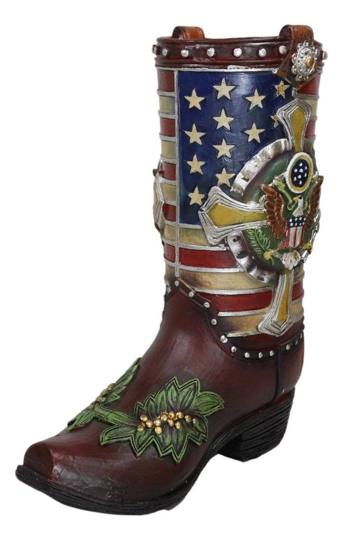 Ebros Gift Rustic Western USA Flag Military Cross Olive Branch Cowboy Boot Vase Planter