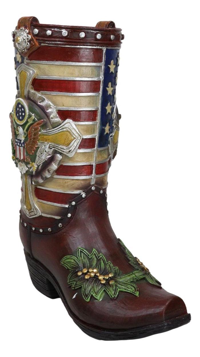 Ebros Gift Rustic Western USA Flag Military Cross Olive Branch Cowboy Boot Vase Planter