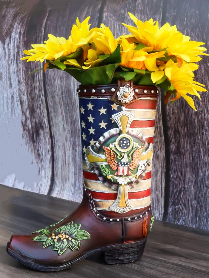ebros gift Rustic Western USA Flag Military Cross Olive Branch Cowboy Boot Vase Planter