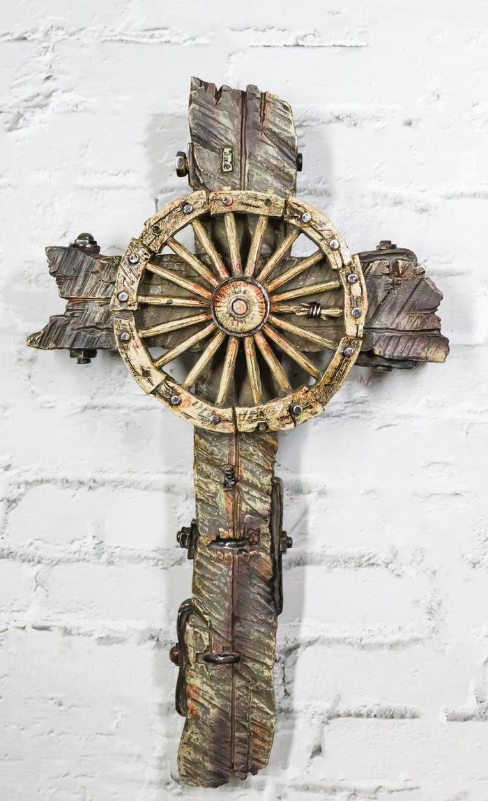 ebros gift Rustic Western Vintage Country Cowboy Wagon Wheel Faux Wooden Wall Cross Plaque