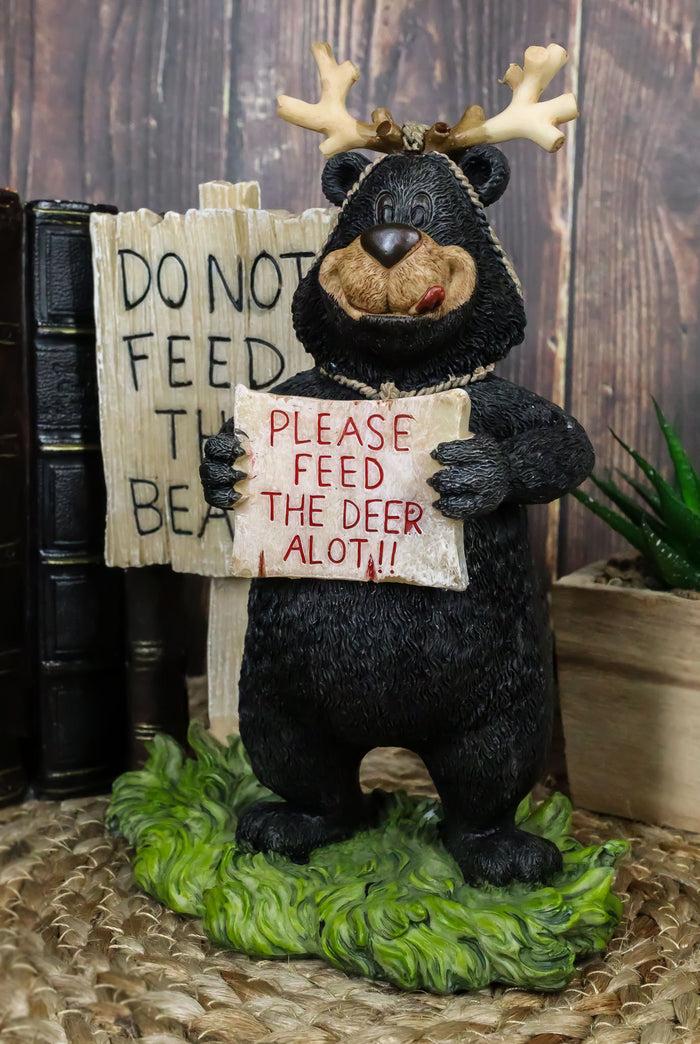 ebros gift Rustic Western Whimsical Black Bear With Antlers And Feed The Deer Sign Figurine