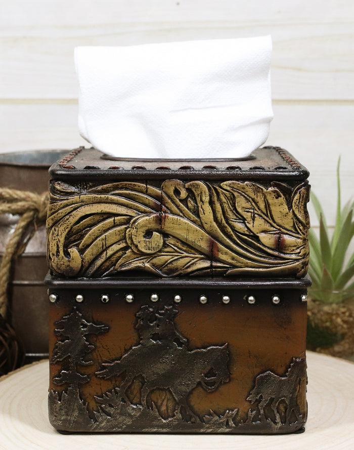 ebros gift Rustic Western Wild Horses With Floral Gold Patterns Tissue Box Cover Figurine