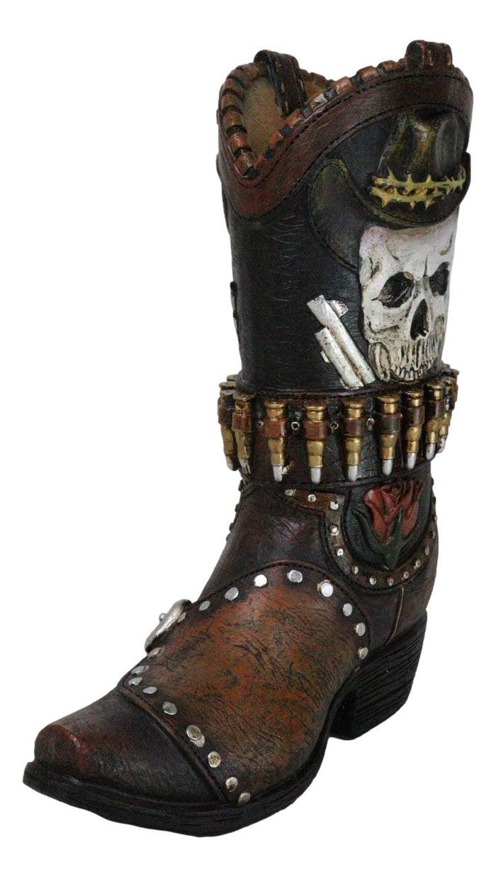 Ebros Gift Rustic Western Wild West Skull With Dual Pistols Bullets Cowboy Boot Vase Holder
