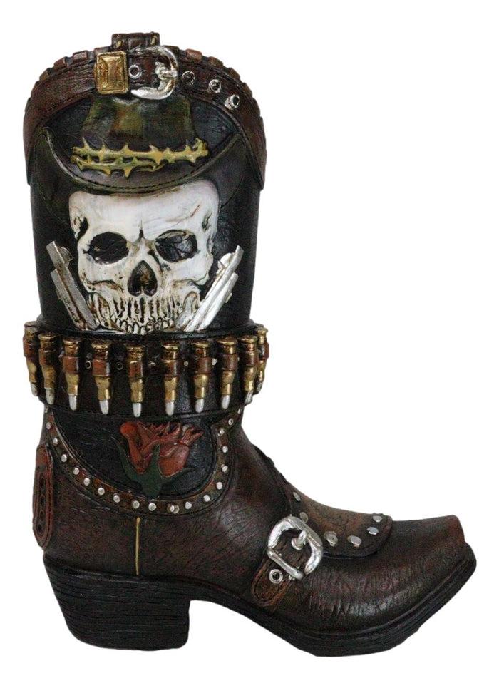Ebros Gift Rustic Western Wild West Skull With Dual Pistols Bullets Cowboy Boot Vase Holder