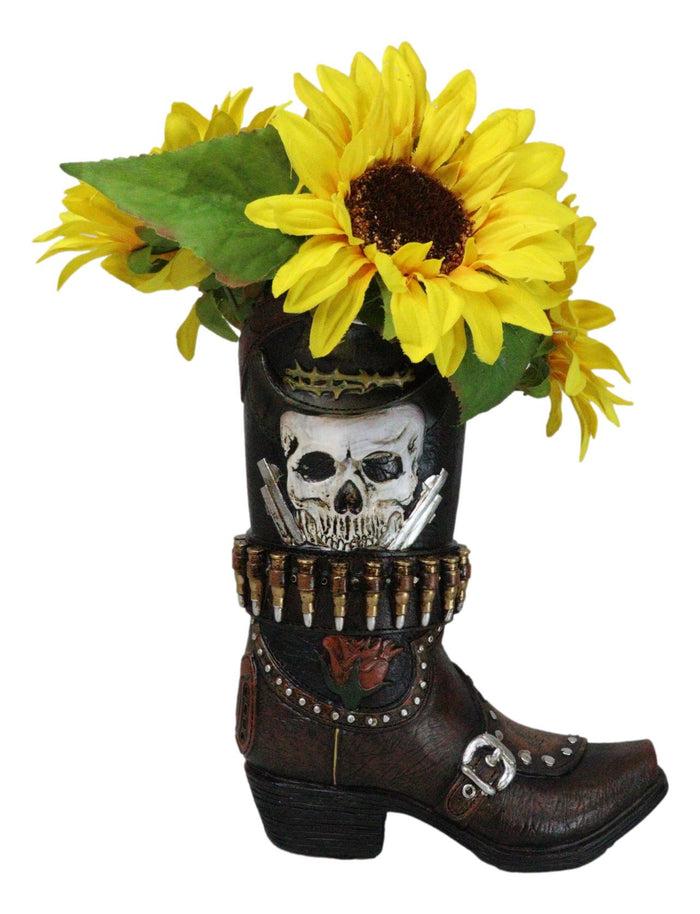 ebros gift Rustic Western Wild West Skull with Dual Pistols Bullets Cowboy Boot Vase Holder