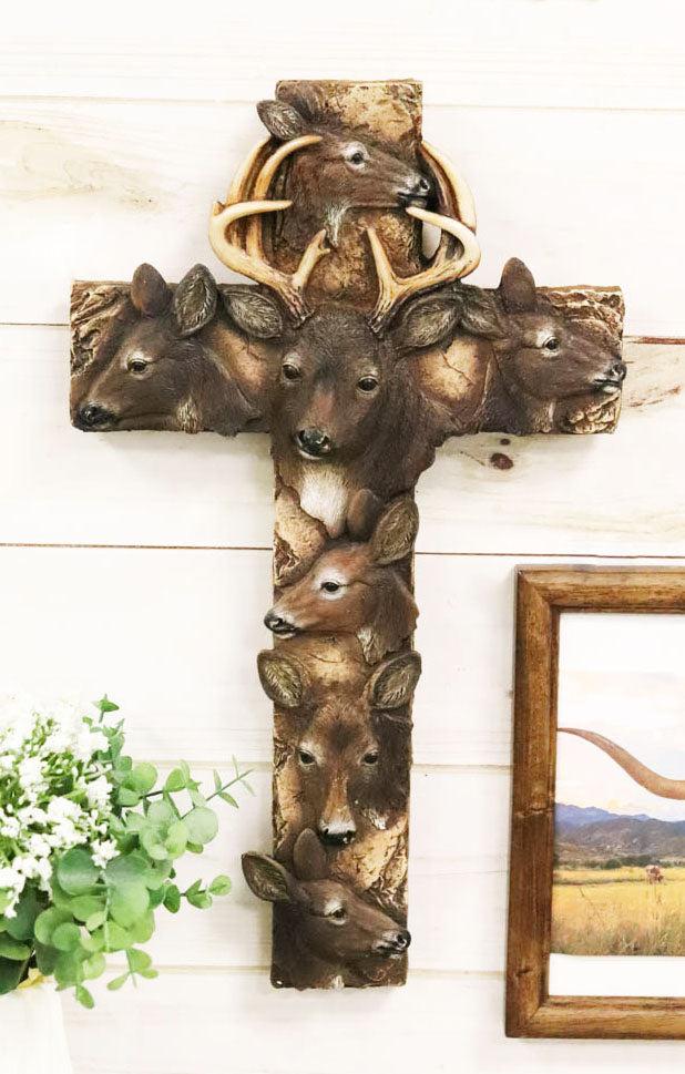 ebros gift Rustic Western Wildlife Deer Stag with Antlers And Does Family Wall Cross Plaque