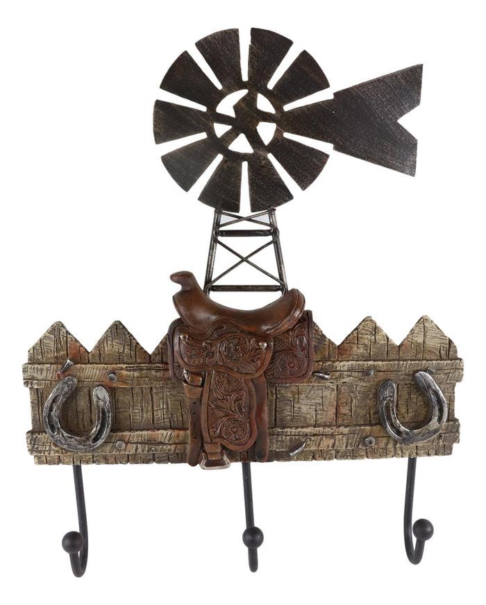 Ebros Gift Rustic Western Windmill With Cowboy Barn Horseshoes And Saddle 3 Peg Wall Hooks