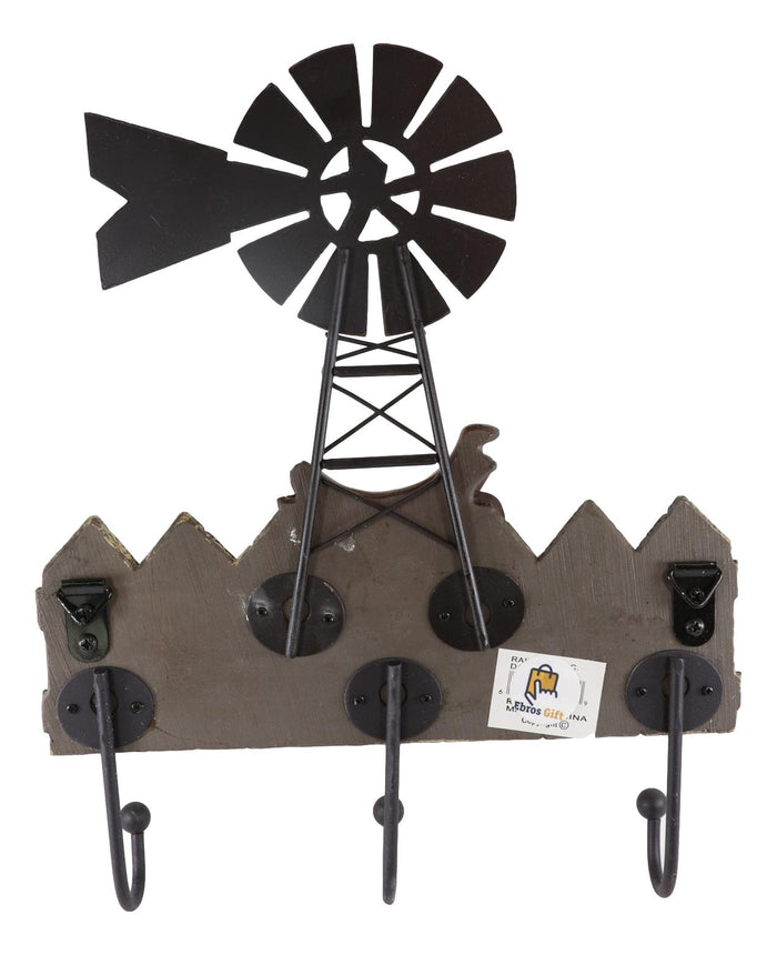 Ebros Gift Rustic Western Windmill With Cowboy Barn Horseshoes And Saddle 3 Peg Wall Hooks