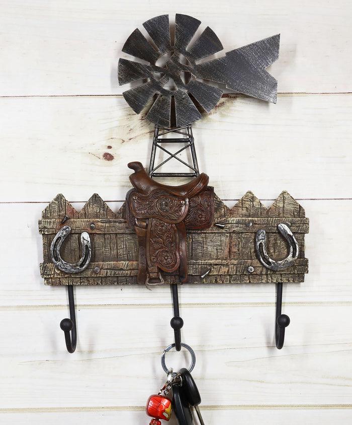 ebros gift Rustic Western Windmill With Cowboy Barn Horseshoes And Saddle 3 Peg Wall Hooks