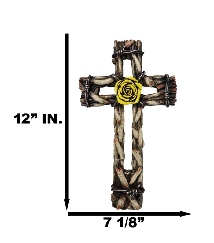 Ebros Gift Rustic Western Yellow Rose With Distressed Faux Wood And Barbed Wires Wall Cross