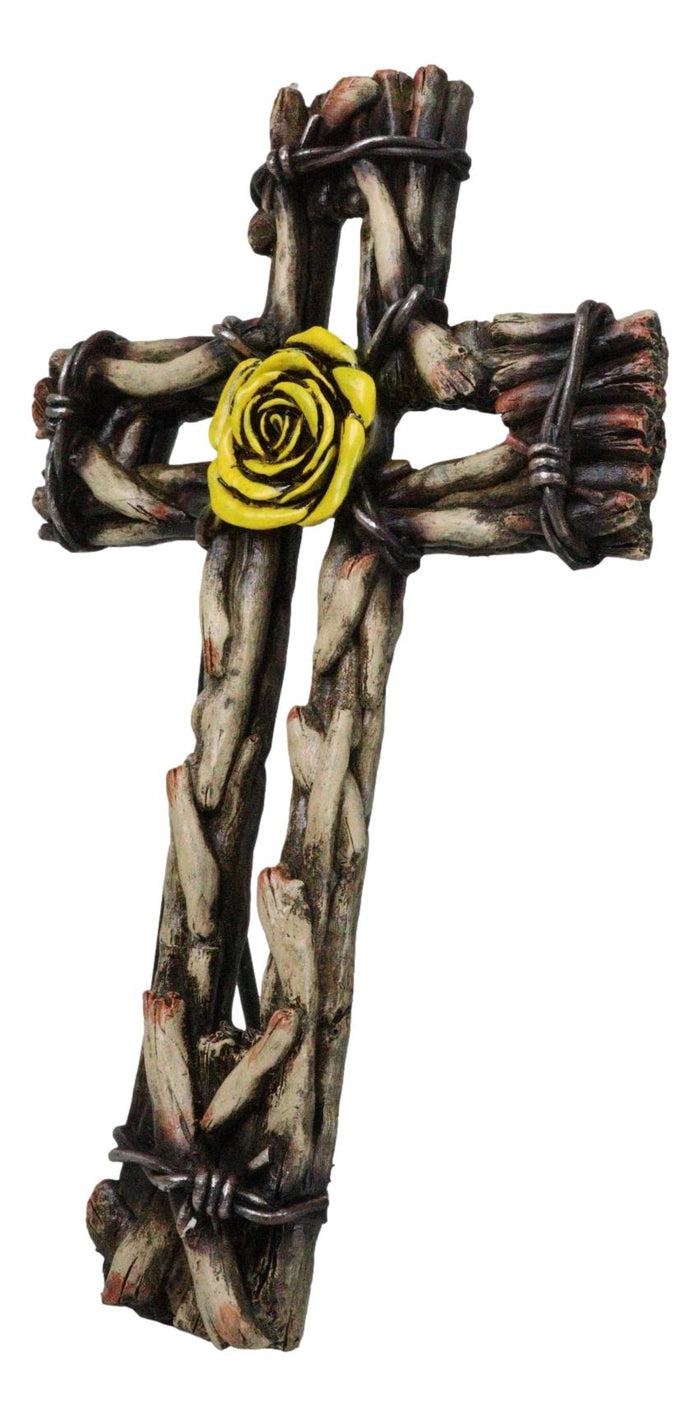 Ebros Gift Rustic Western Yellow Rose With Distressed Faux Wood And Barbed Wires Wall Cross