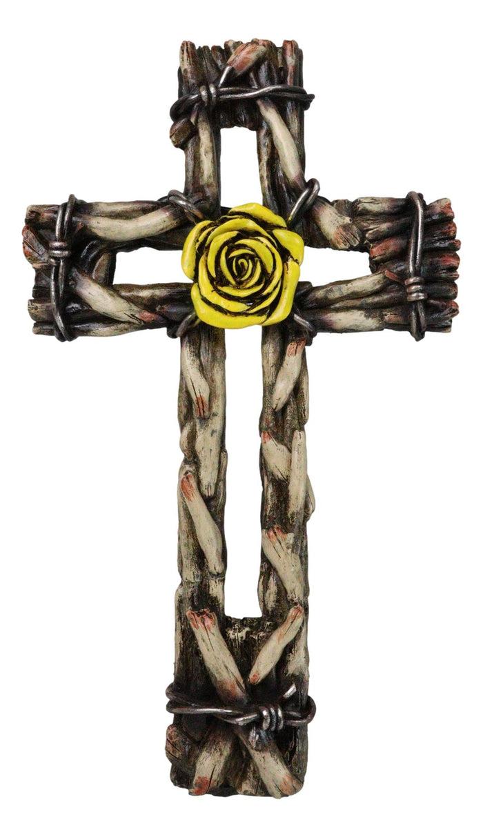 ebros gift Rustic Western Yellow Rose with Distressed Faux Wood and Barbed Wires Wall Cross