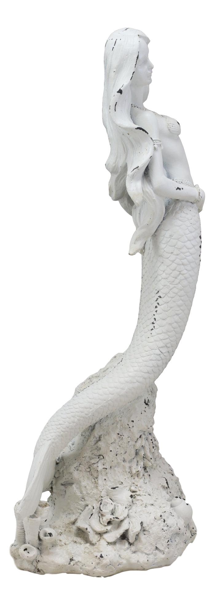 Ebros Gift Rustic White Stone Finish Nautical Ariel Mermaid Standing By Coral Reef Figurine