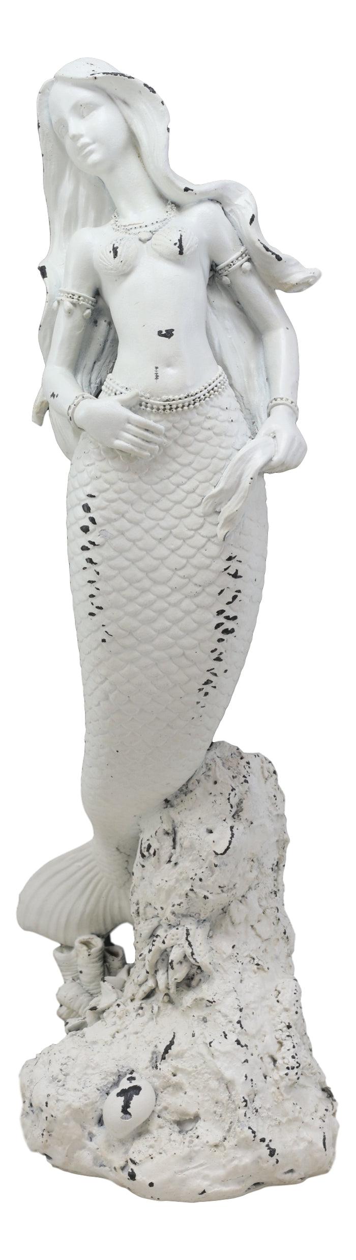 Ebros Gift Rustic White Stone Finish Nautical Ariel Mermaid Standing By Coral Reef Figurine