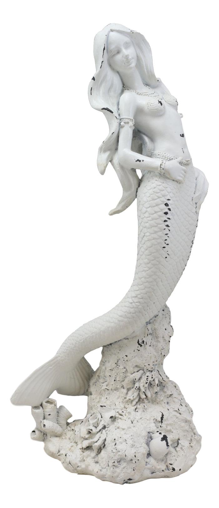 Ebros Gift Rustic White Stone Finish Nautical Ariel Mermaid Standing By Coral Reef Figurine