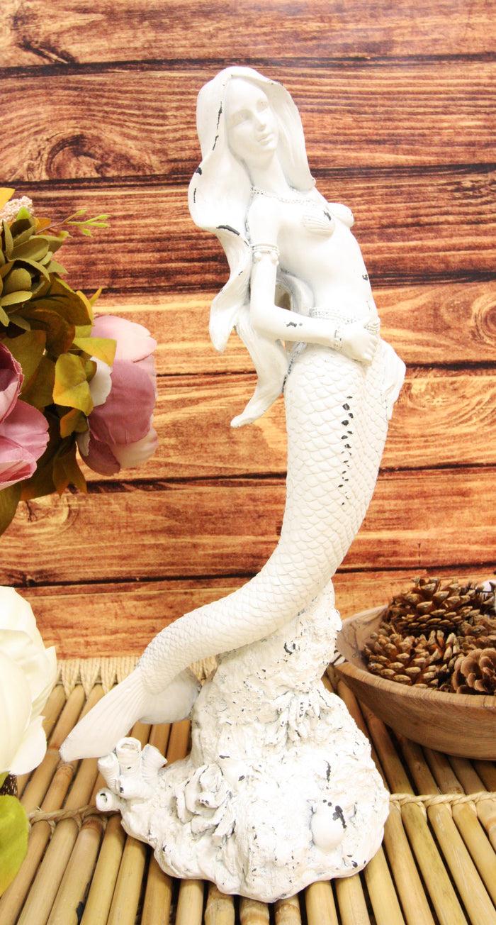 ebros gift Rustic White Stone Finish Nautical Ariel Mermaid Standing By Coral Reef Figurine