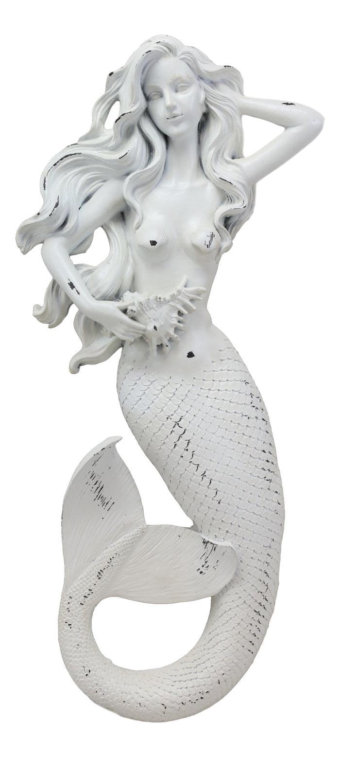 Ebros Gift Rustic White Stone Finish Nautical Ocean Mermaid Holding Spider Conch Wall Decor