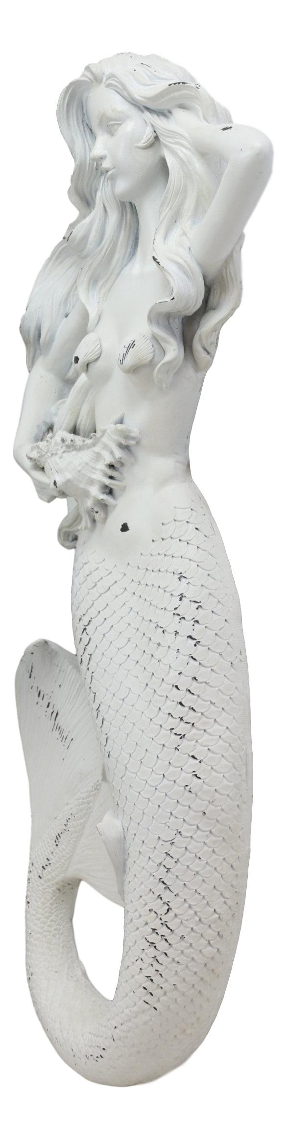 Ebros Gift Rustic White Stone Finish Nautical Ocean Mermaid Holding Spider Conch Wall Decor