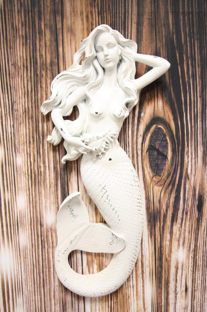ebros gift Rustic White Stone Finish Nautical Ocean Mermaid Holding Spider Conch Wall Decor