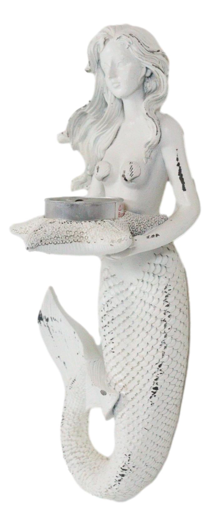 Ebros Gift Rustic White Stone Finish Nautical Ocean Mermaid With Shell Candle Wall Sconce