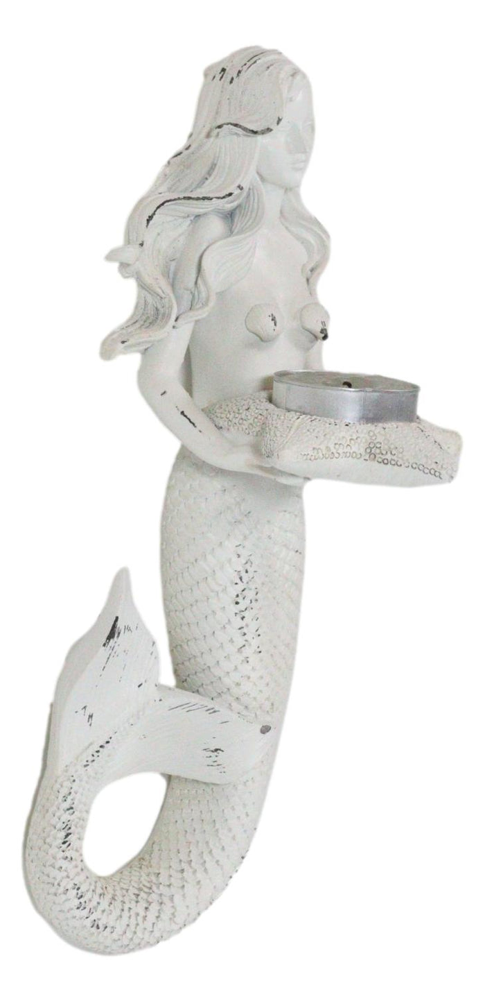 Ebros Gift Rustic White Stone Finish Nautical Ocean Mermaid With Shell Candle Wall Sconce