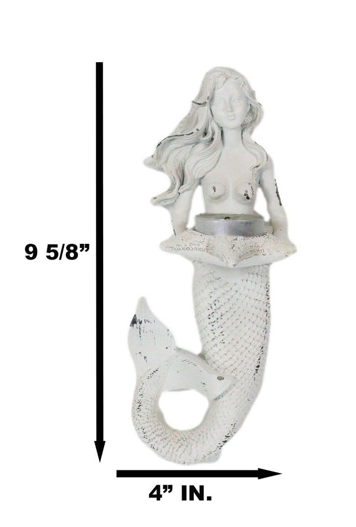 Ebros Gift Rustic White Stone Finish Nautical Ocean Mermaid With Shell Candle Wall Sconce